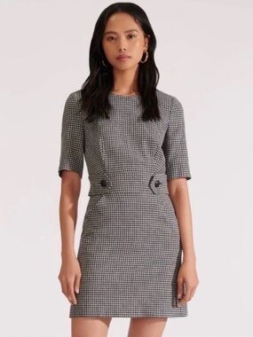 Veronica Beard Teddi Mini Dress Short Sleeve Micro Check Lined Black White 10